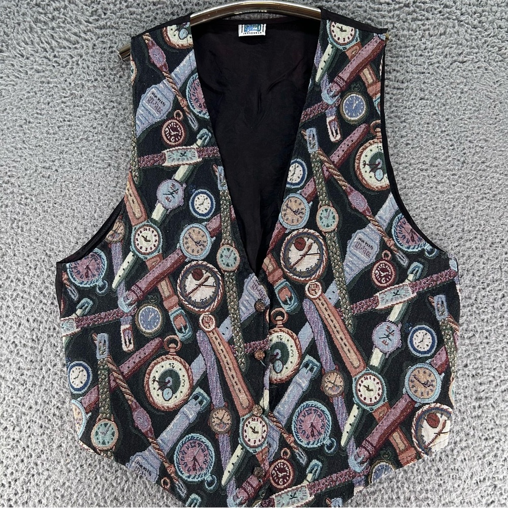 Vtg 90s‎ Steampunk Timepiece Clock Tapestry Vest Western Cottagecore Whimsical